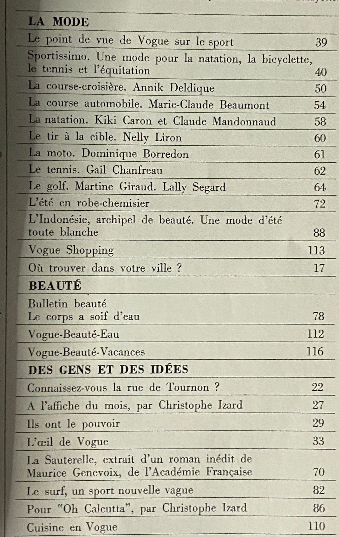 Table of contents from Vogue Paris Magazine June - July 1971 featuring Kiki Caron on the cover, showcasing various articles on fashion, beauty, and cultural topics of the period.