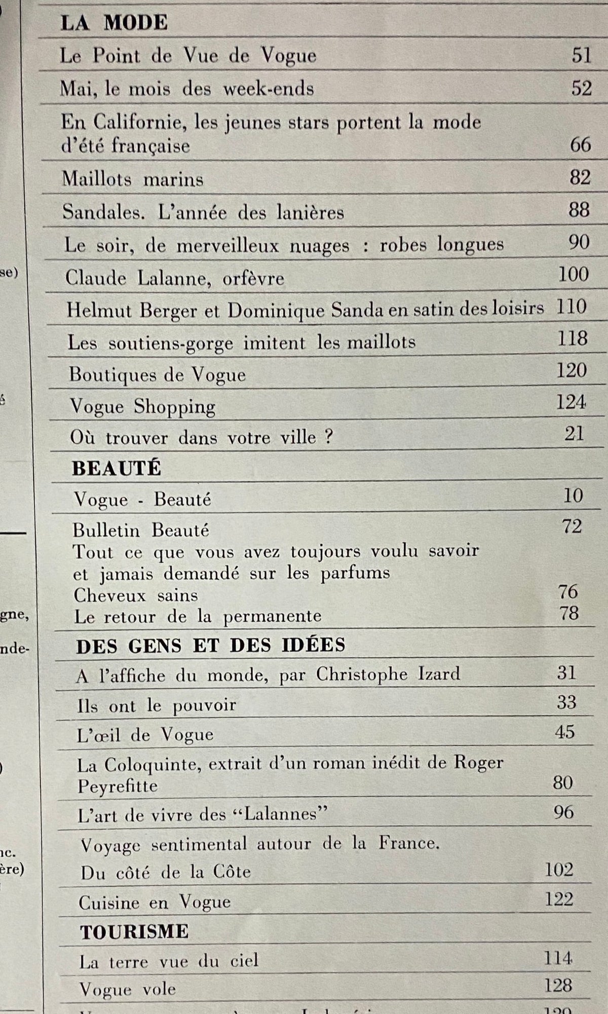 Vogue Paris Magazine May 1971 contents page showcasing fashion articles including 'En Californie, les jeunes stars portent la mode d’été française' and 'Sandales. L’année des lanières'.