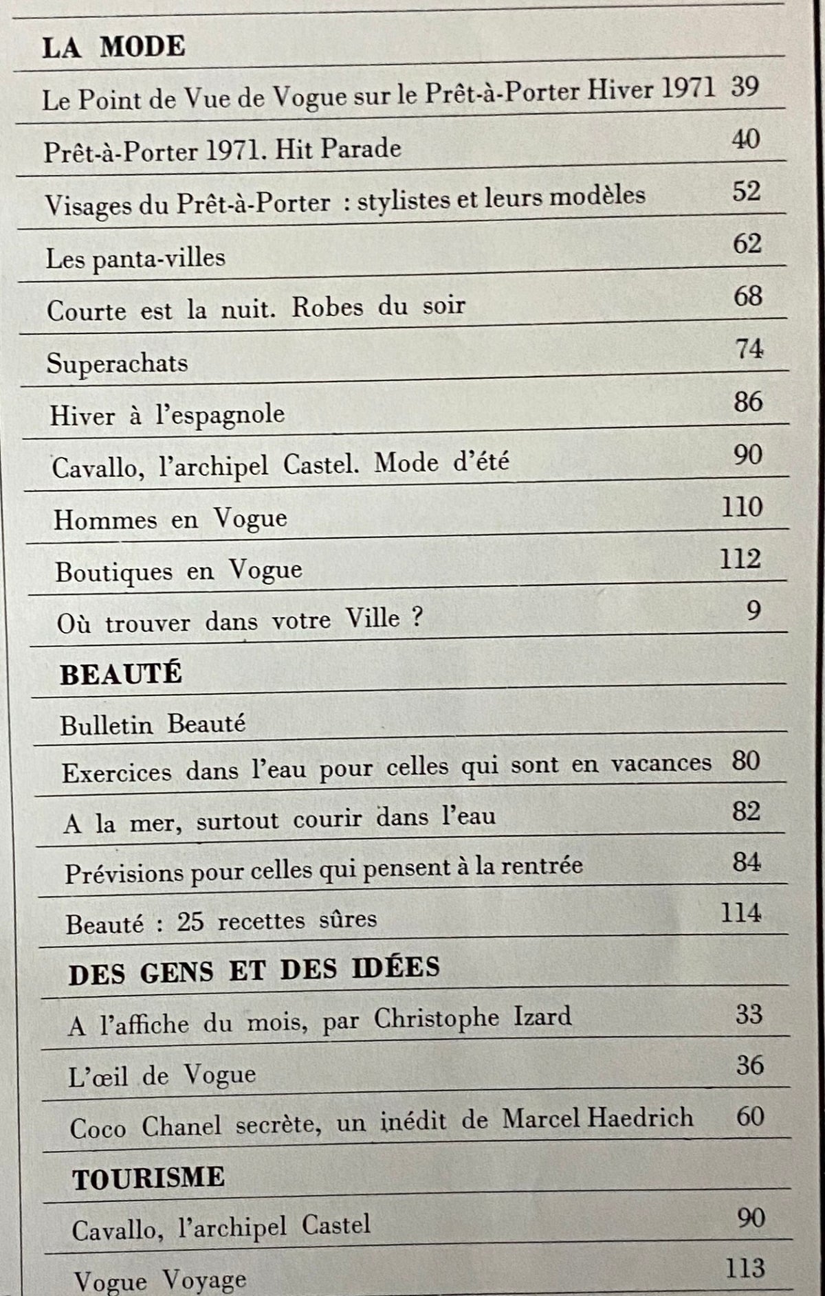 Table of contents from Vogue Paris Magazine August 1971, showcasing sections on fashion, beauty, and tourism in the world of prêt-à-porter.