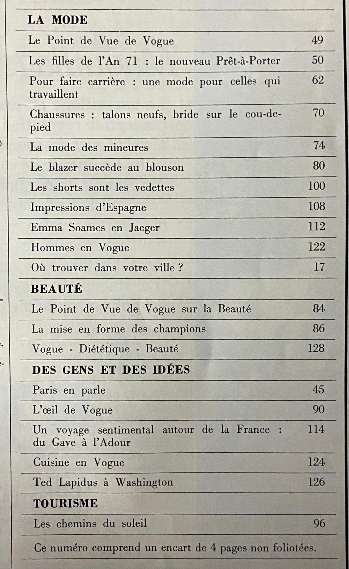 Table of contents from Vogue Paris Magazine February 1971 featuring fashion topics and articles, showcasing the magazine's focus on prêt-à-porter styles and cultural insights.