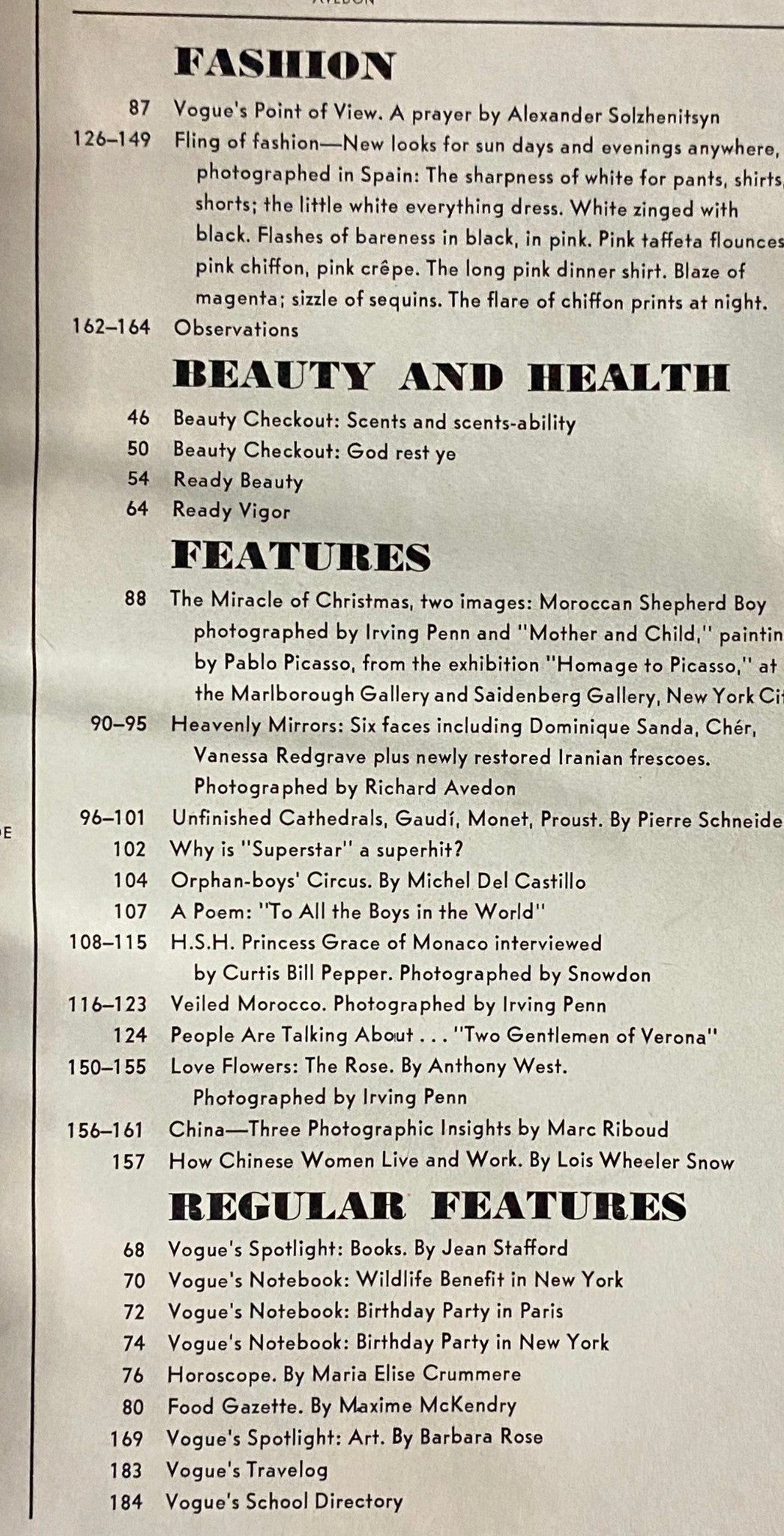 Fashion section from Vogue Magazine December 1971 featuring topics on new styles, beauty, and health. Includes iconic photography and trends of the early 1970s, part of the Gala Christmas Issue.
