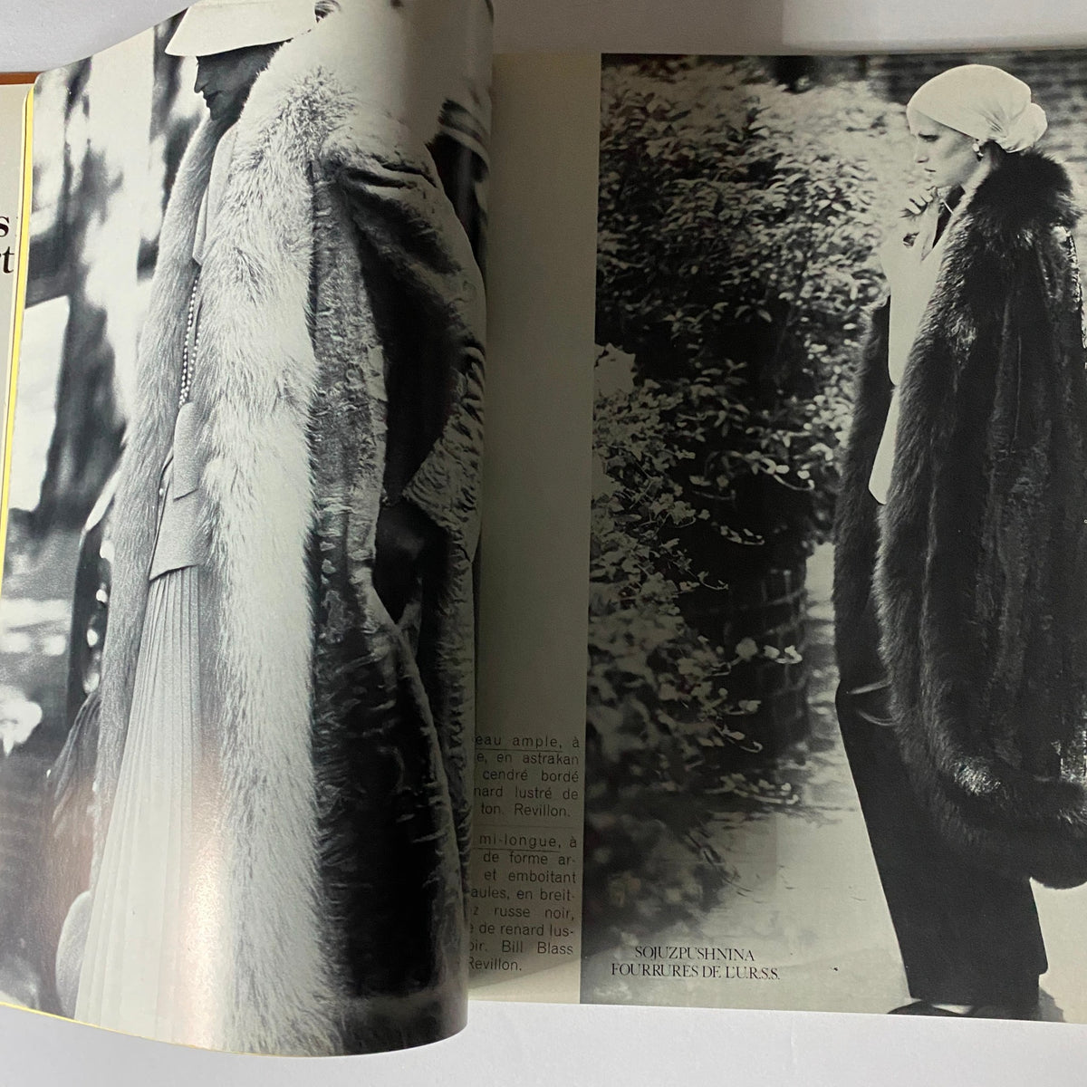 A double-page spread from Vogue Paris Magazine November 1974 displaying elegant black and white fashion photography, emphasizing the vintage styles of that era.