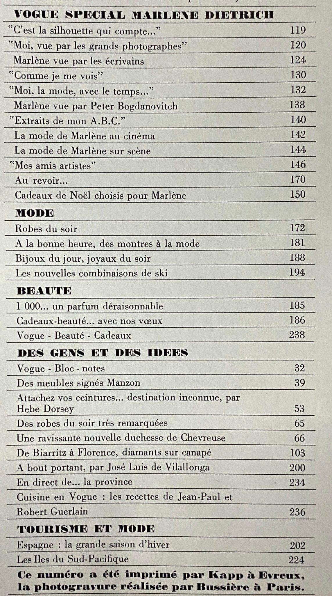 Table of contents from Vogue Paris Magazine December - January 1974 highlighting features centered around Marlene Dietrich.