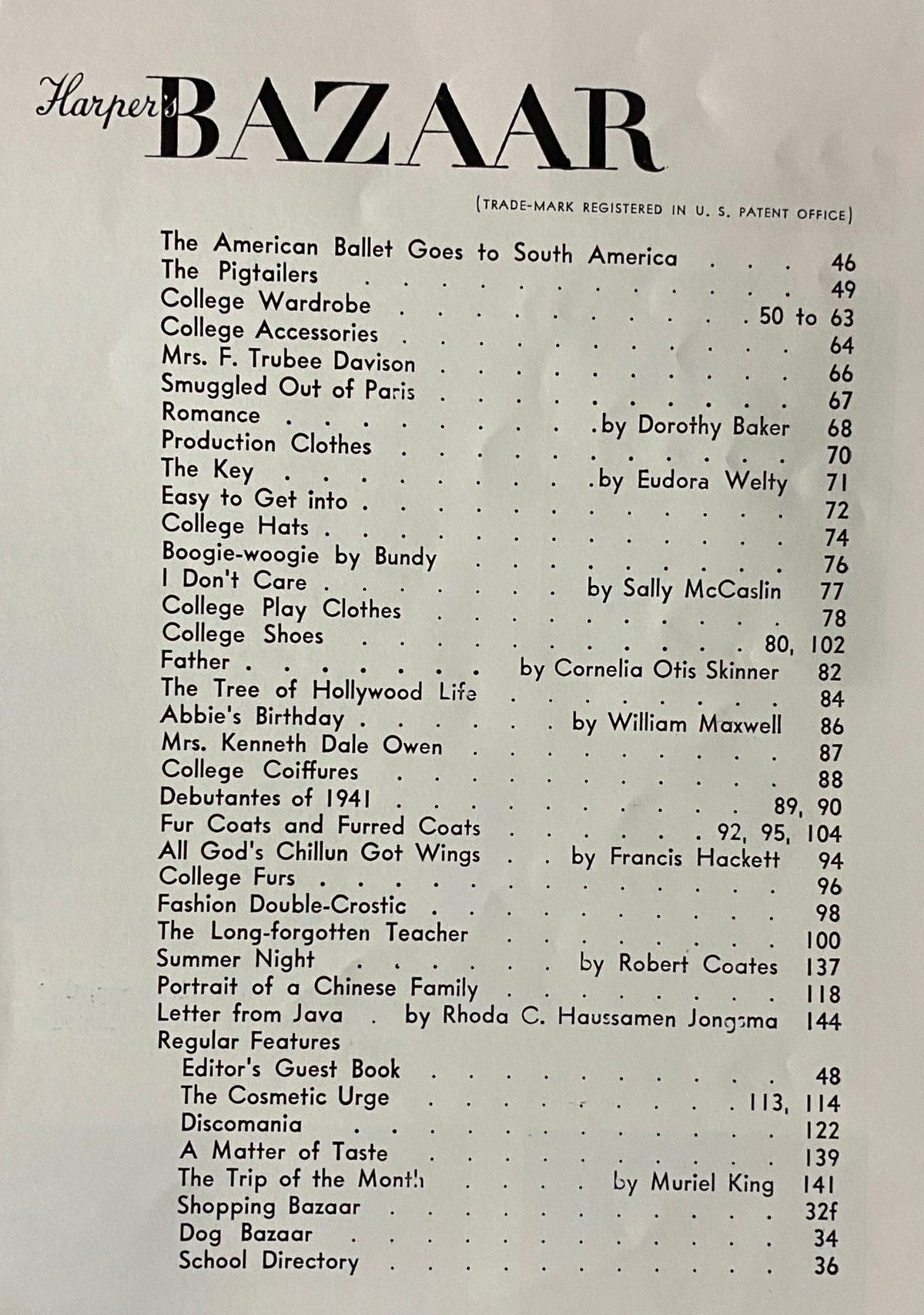 Contents page from Harper's Bazaar Magazine August 1941, listing articles including 'The American Ballet Goes to South America' and 'College Wardrobe'.
