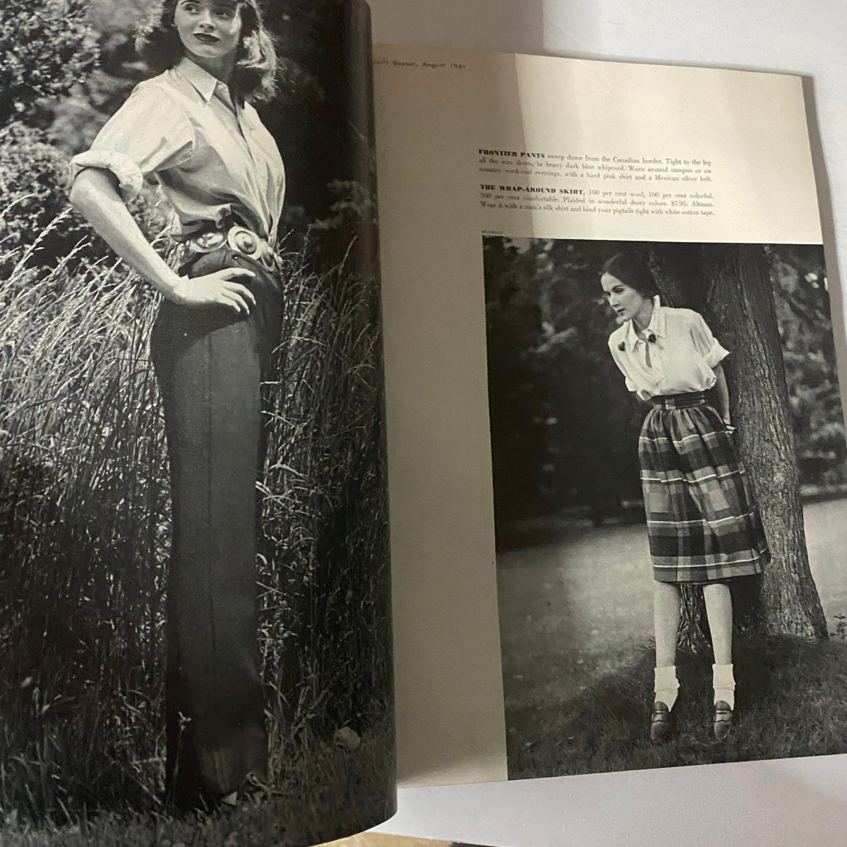 Image from inside Harper's Bazaar Magazine August 1941, featuring fashionable outfits for women, showcasing college styles from the early 1940s.