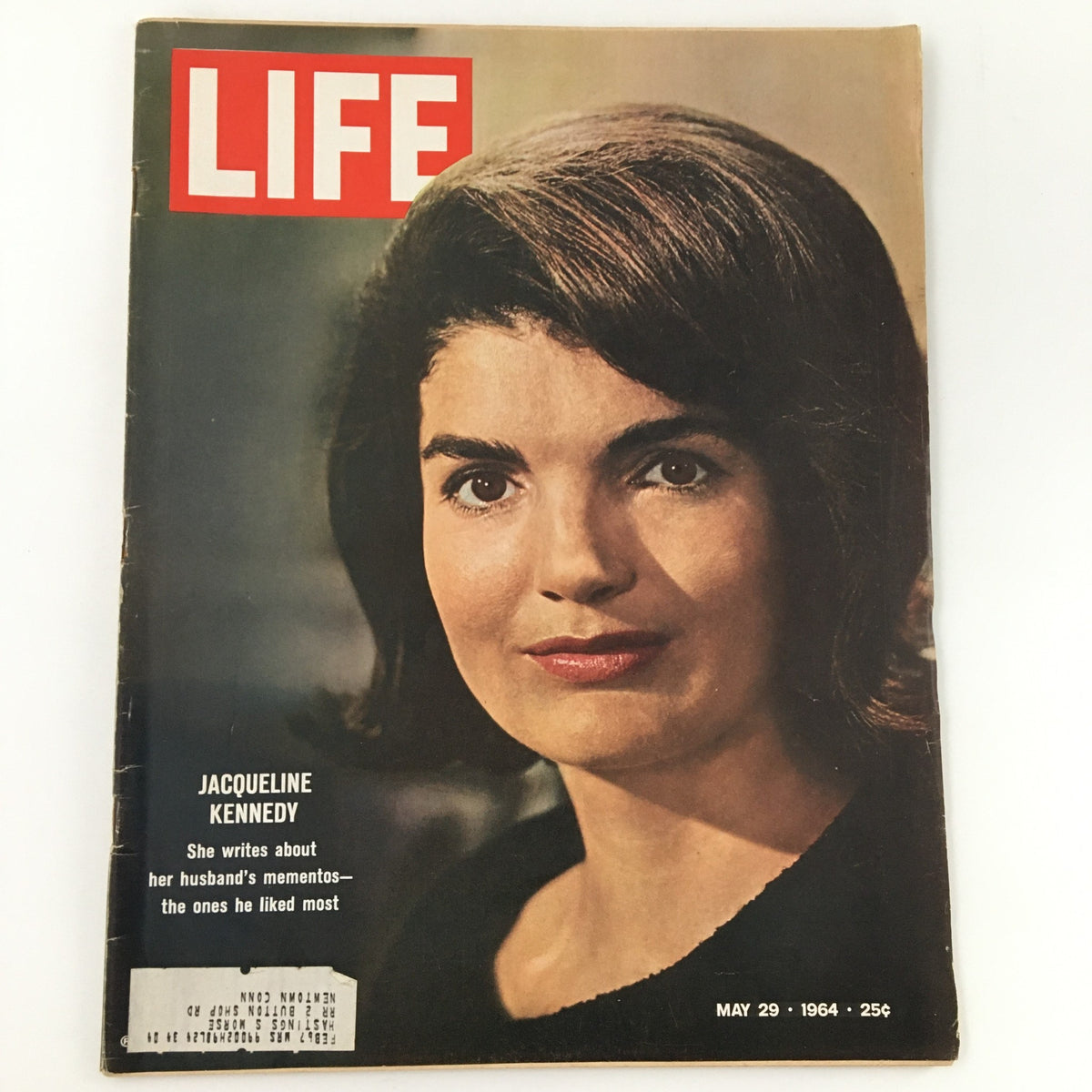 Vintage Life Magazine cover from May 29, 1964, featuring Jacqueline Kennedy with the title 'Jacqueline Kennedy Writes Husband's Mementos'. This historical magazine showcases a portrait of Jacqueline Kennedy and reflects on her memories.