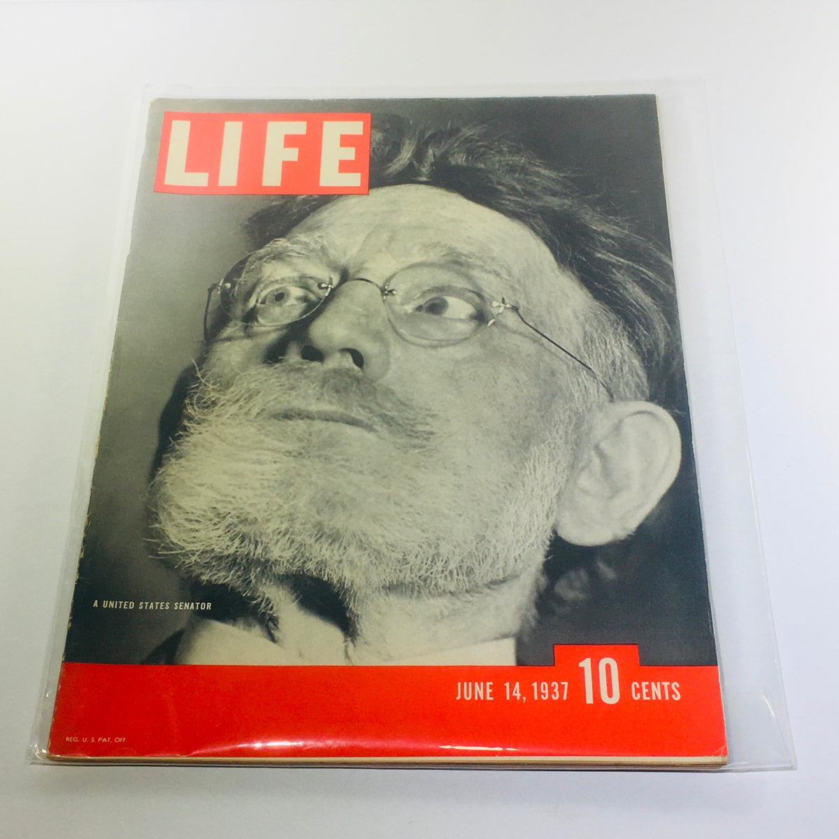 Cover of Vintage Life Magazine from June 14, 1937, featuring a prominent United States Senator. The magazine showcases a black and white photograph of the senator, highlighting the year of publication and the price of 10 cents.
