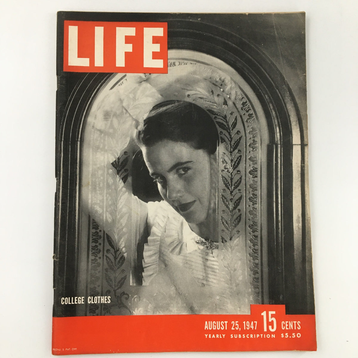 Vintage Life Magazine Cover from August 25, 1947, featuring 'College Clothes' and a portrait of a young woman.