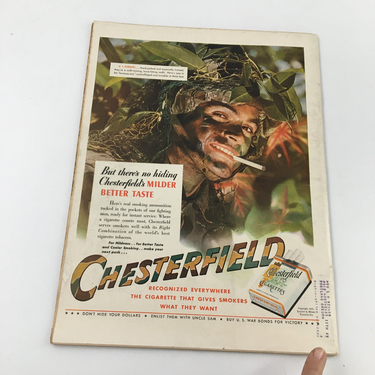 Cover of VTG Life Magazine dated May 10, 1943 featuring an advertisement for Chesterfield cigarettes with a soldier wearing camouflage, showcasing the magazine's historical context related to World War II.