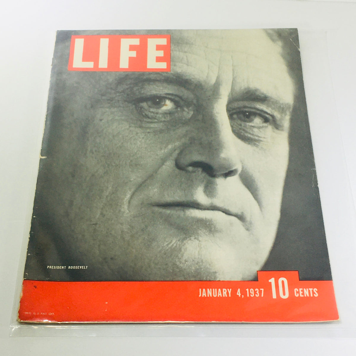 Vintage Life Magazine featuring President Franklin D. Roosevelt, dated January 4, 1937. The cover showcases a striking black and white portrait of Roosevelt, highlighting the magazine's vintage appeal and historical significance.
