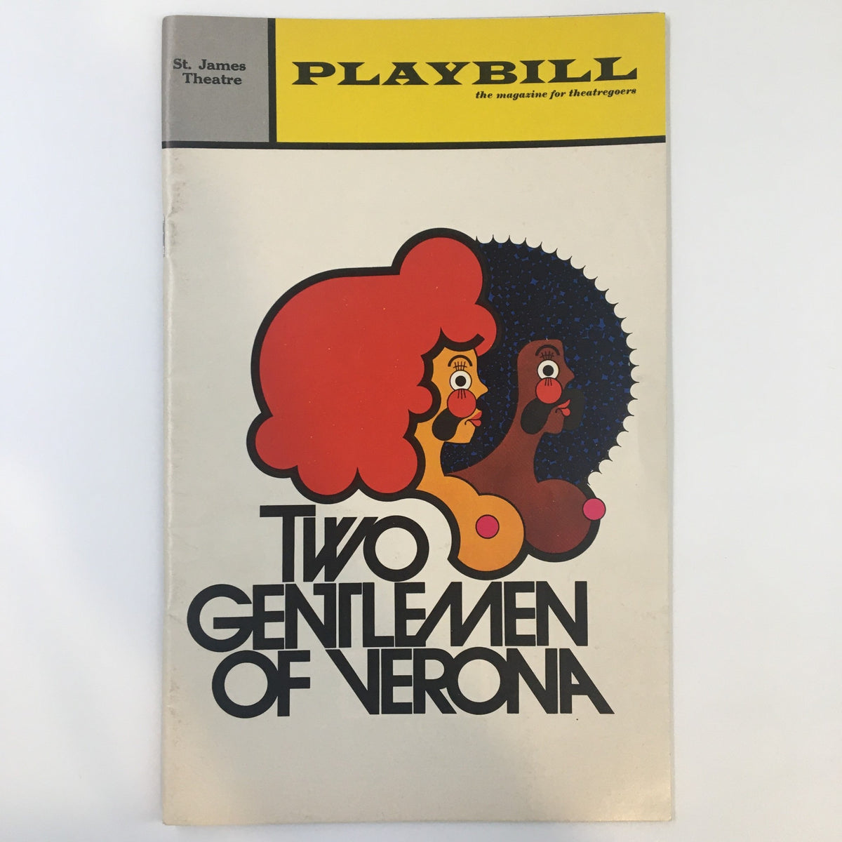 1972 Playbill for Two Gentlemen of Verona by John Guare at St. James Theatre, featuring colorful and artistic cover design.