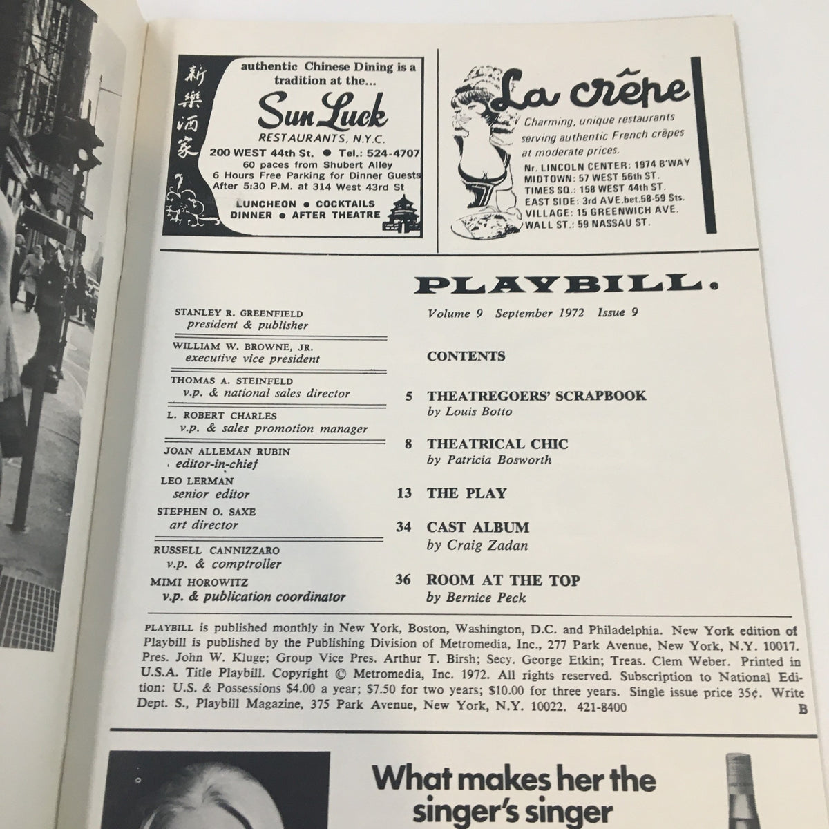 1972 Playbill for 'Two Gentlemen of Verona' by John Guare, featuring contents and advertising sections from the St. James Theatre.