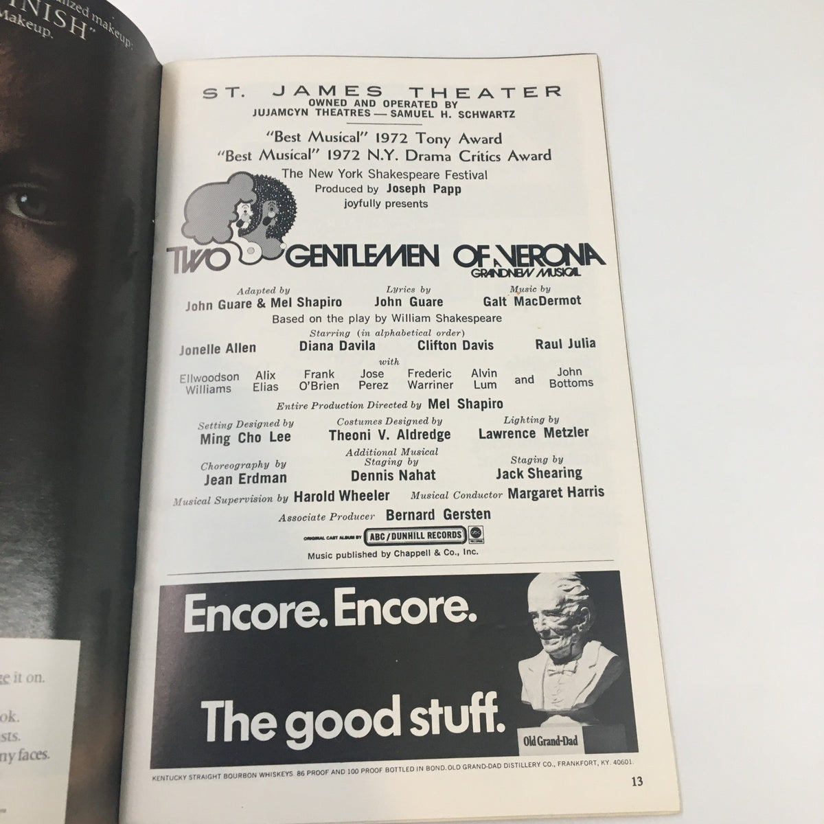 Inside page of the 1972 Playbill for 'Two Gentlemen of Verona' by John Guare, showcasing the cast and production details at the St. James Theater.