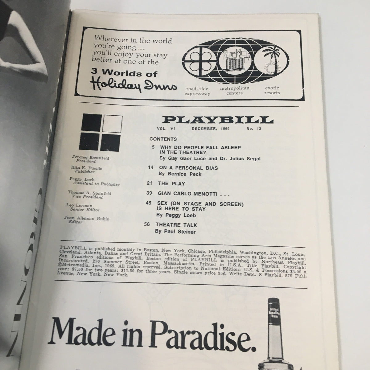 Interior page of the 1969 Playbill for 'George M!' featuring table of contents from December 1969 issue, inviting readers to enjoy a stay at Holiday Inns.
