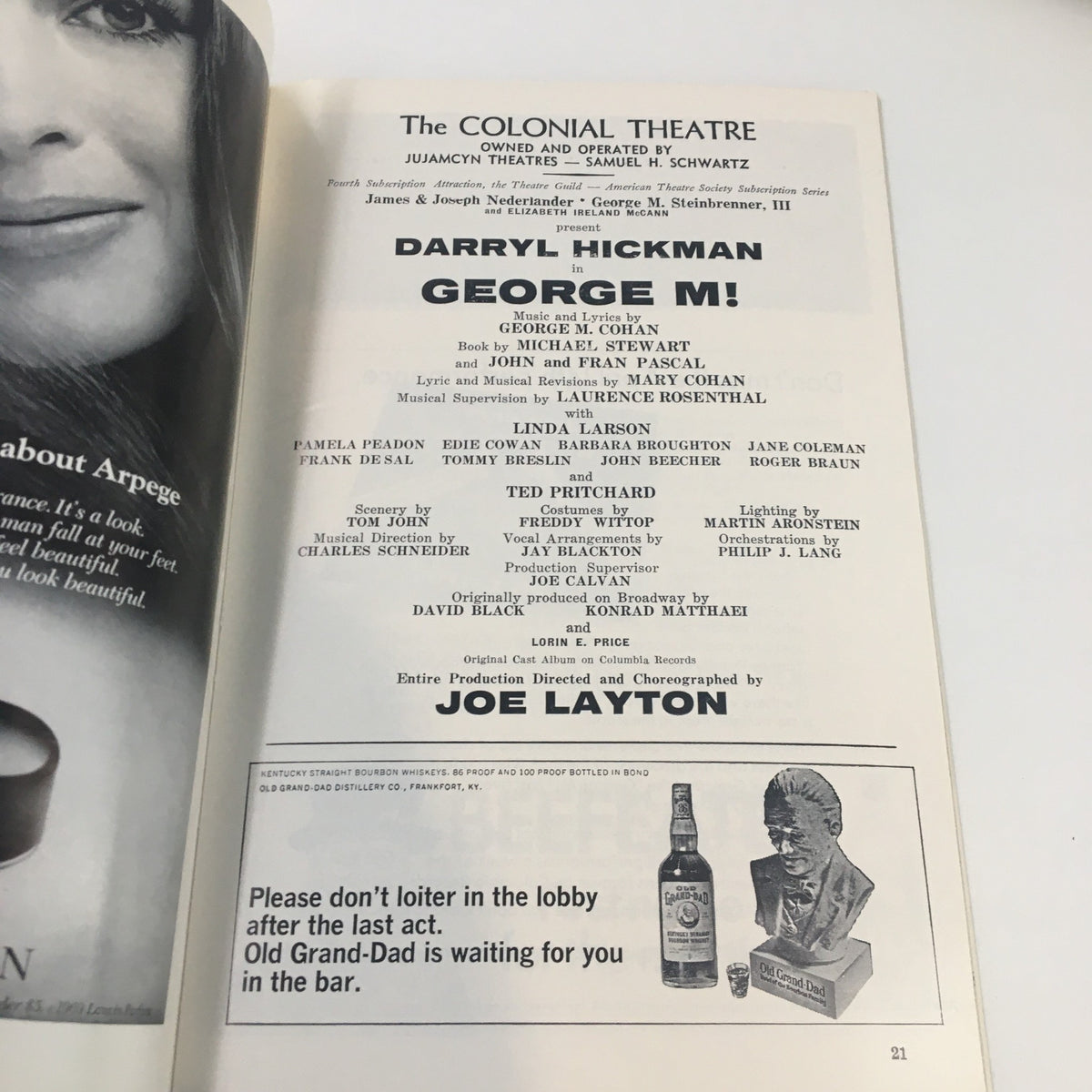 Cast list page from the 1969 Playbill for 'George M!', featuring Darryl Hickman and details about the production at The Colonial Theatre.