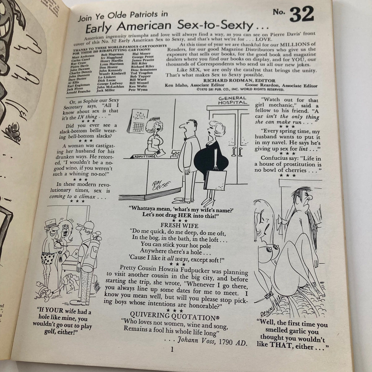 Interior page from the VTG Early American Magazine 1970 #32 'Sex to Sexty'. The page displays witty cartoons and comical commentary about relationships and societal attitudes towards sexuality during the 1970s.