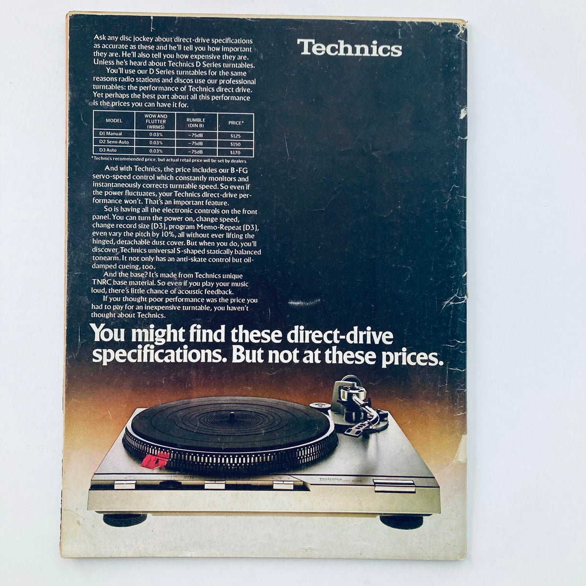 Back cover of the National Lampoon Magazine November 1979 titled 'Obsessive Love', featuring a Technics turntable advertisement showcasing direct-drive specifications and pricing details.