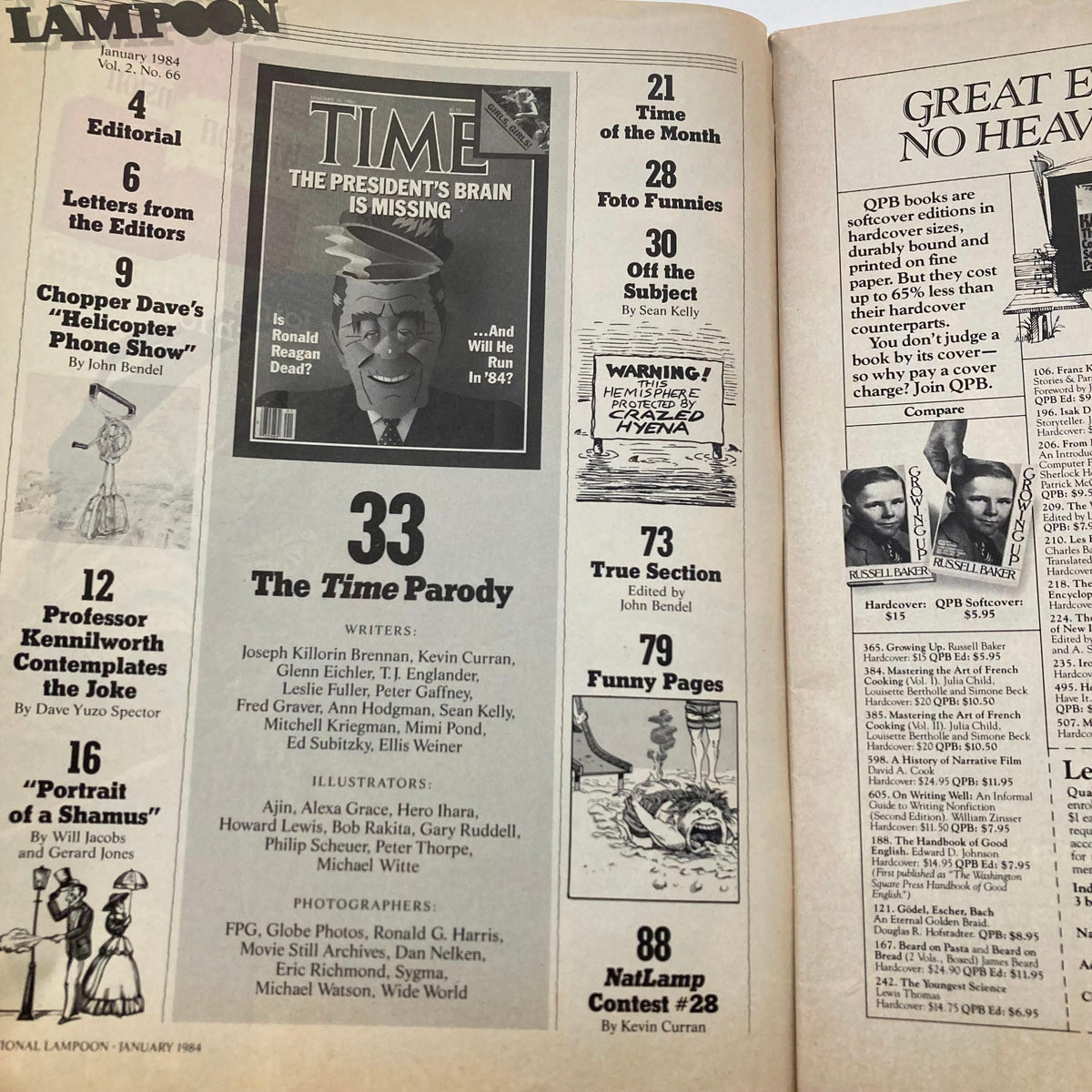 Vintage National Lampoon Magazine January 1984, featuring the contents and editorial layout, showcasing humorous articles and satirical pieces reflective of the 1980s era.