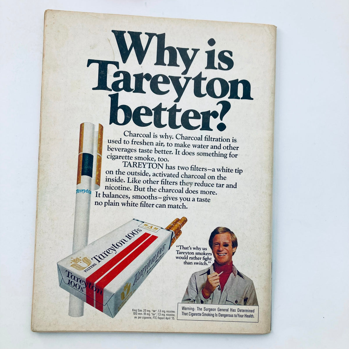 Vintage National Lampoon Magazine January 1976 back cover featuring an advertisement for Tareyton cigarettes, highlighting charcoal filtration technology for better taste.