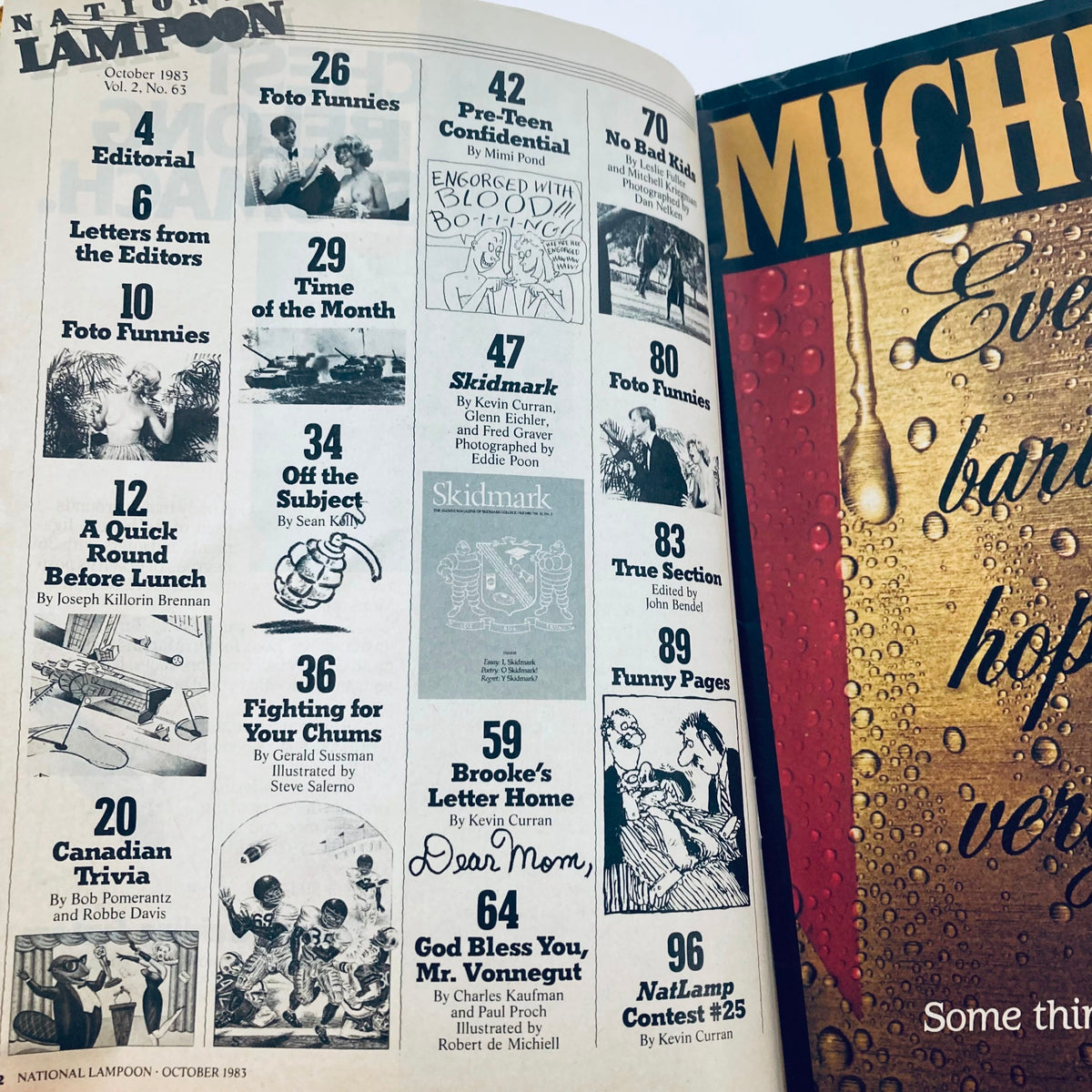 Interior page of the Vintage National Lampoon Magazine from October 1983, Vol 2 No 63, displaying the contents list including 'Brooke's Letter Home' and various humorous articles and illustrations.