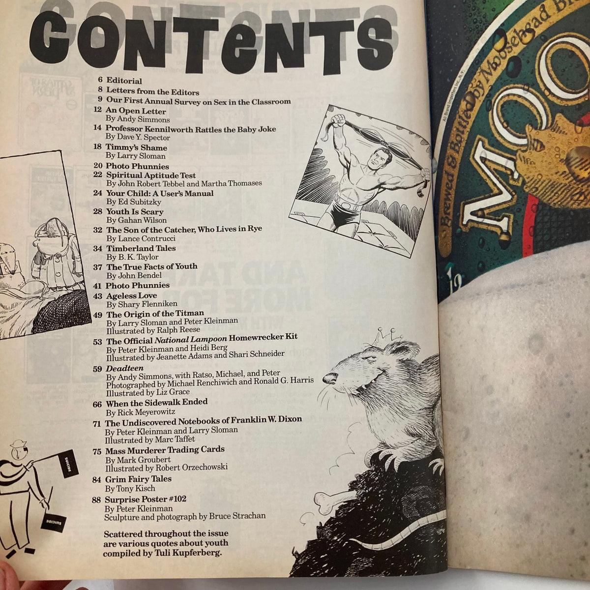 Contents page of Vintage National Lampoon Magazine from July 1985, listing articles and features including humor and satire.