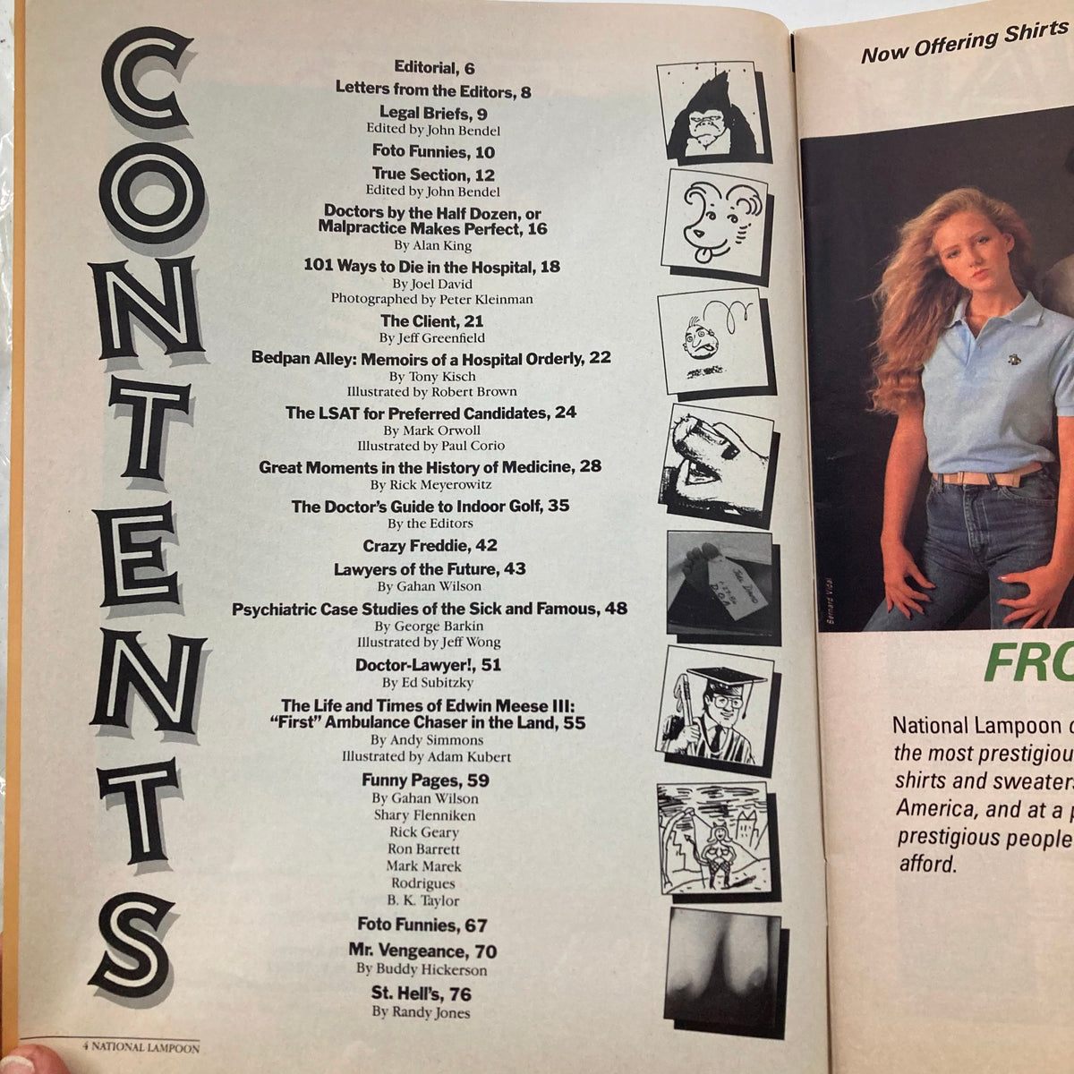 Contents page of Vtg National Lampoon Magazine April 1986 showcasing article titles and illustrations, highlighting its vintage comedic content.