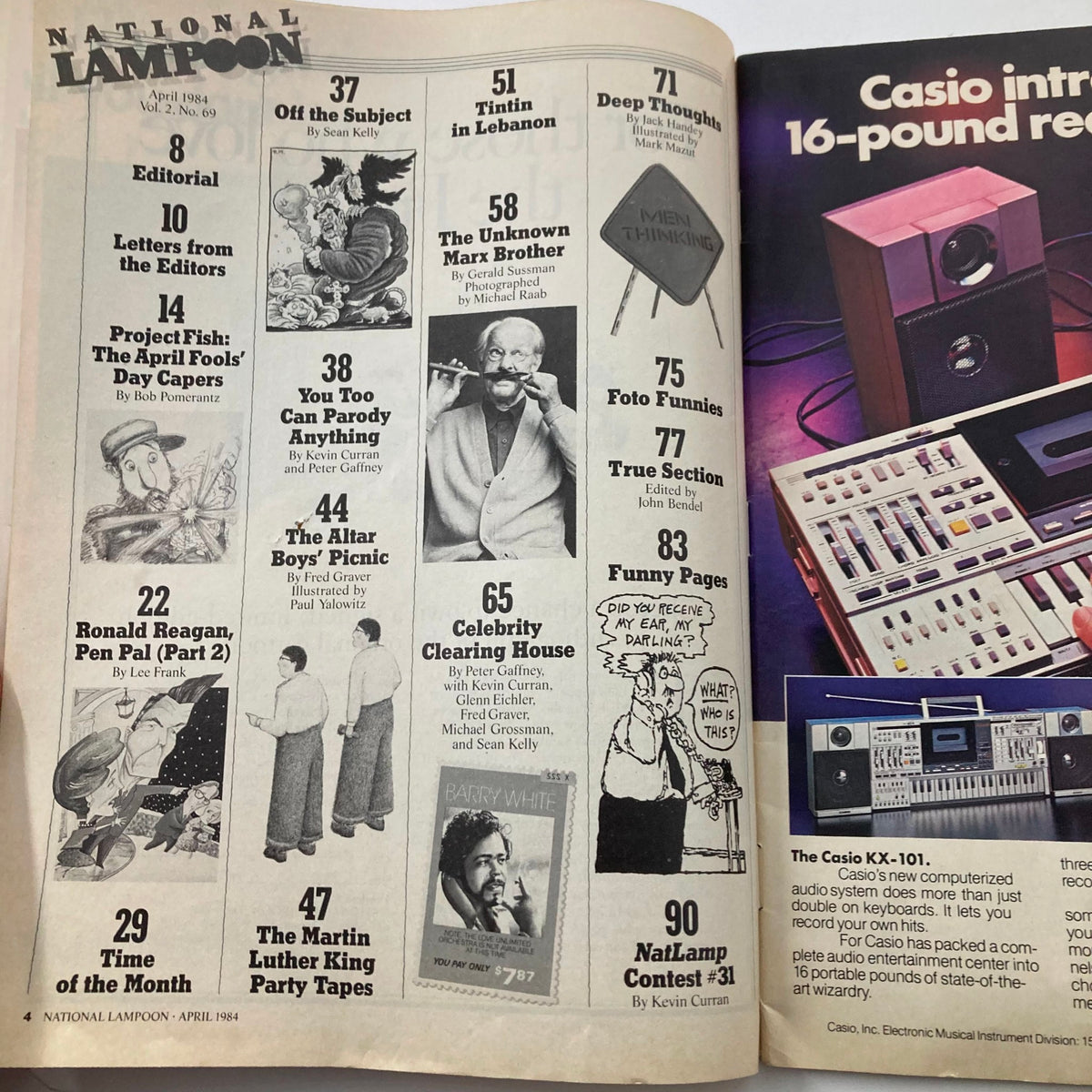 Inside pages of Vtg National Lampoon Magazine April 1984, displaying an editorial and various article titles including 'The April Fools' Day Capers' in a vintage layout, highlighting classic satire.