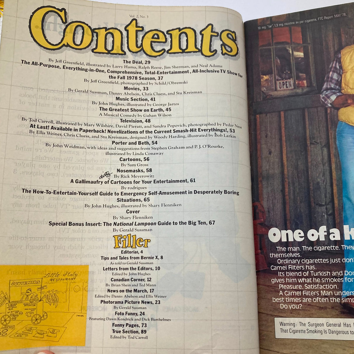 Contents page of Vtg National Lampoon Magazine October 1978 Vol 2 #3 The Greatest Show on Earth showcasing article titles, illustrations, and contributors.