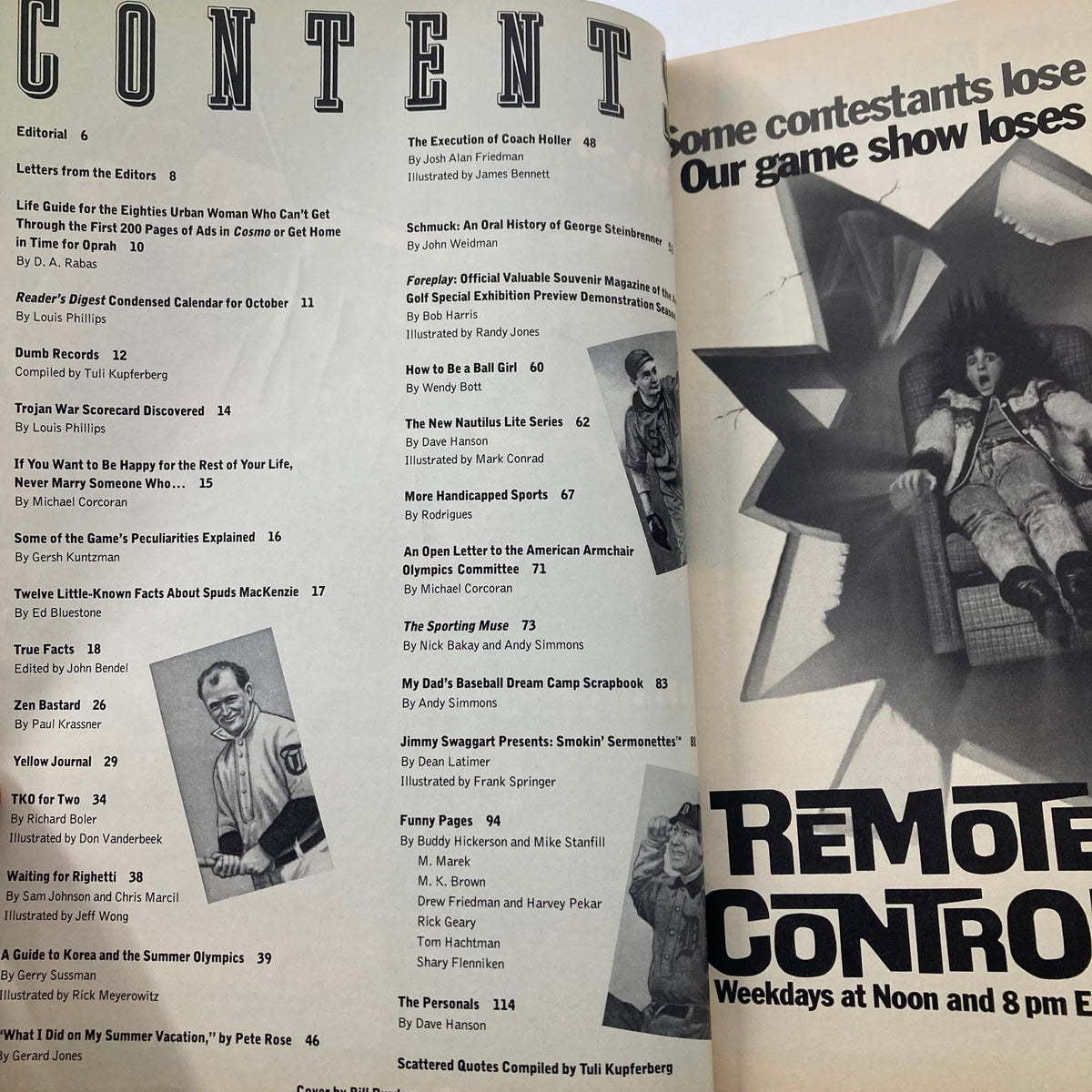 Interior content page of the Vintage National Lampoon Magazine October 1988, showcasing various articles including 'Jimmy Swaggart Presents: Smokin' Sermonettes'. The page features bold typography and a list of featured articles.