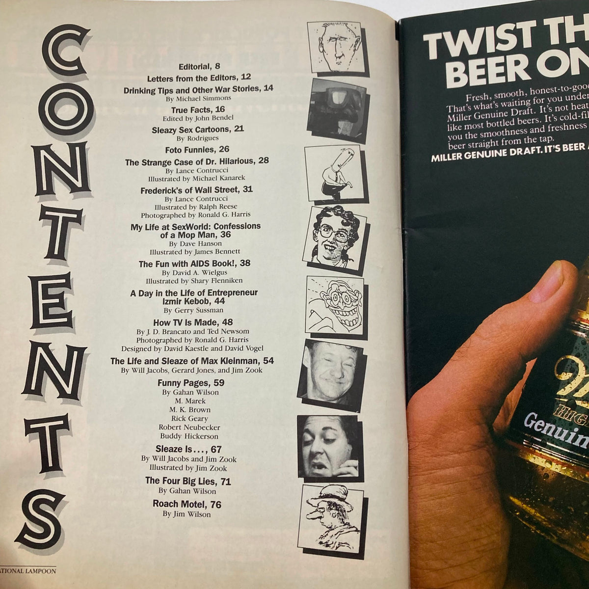 Interior page of the Vintage National Lampoon Magazine September 1986, displaying the table of contents with humorous illustrations and article titles, highlighting its unique comedic content.