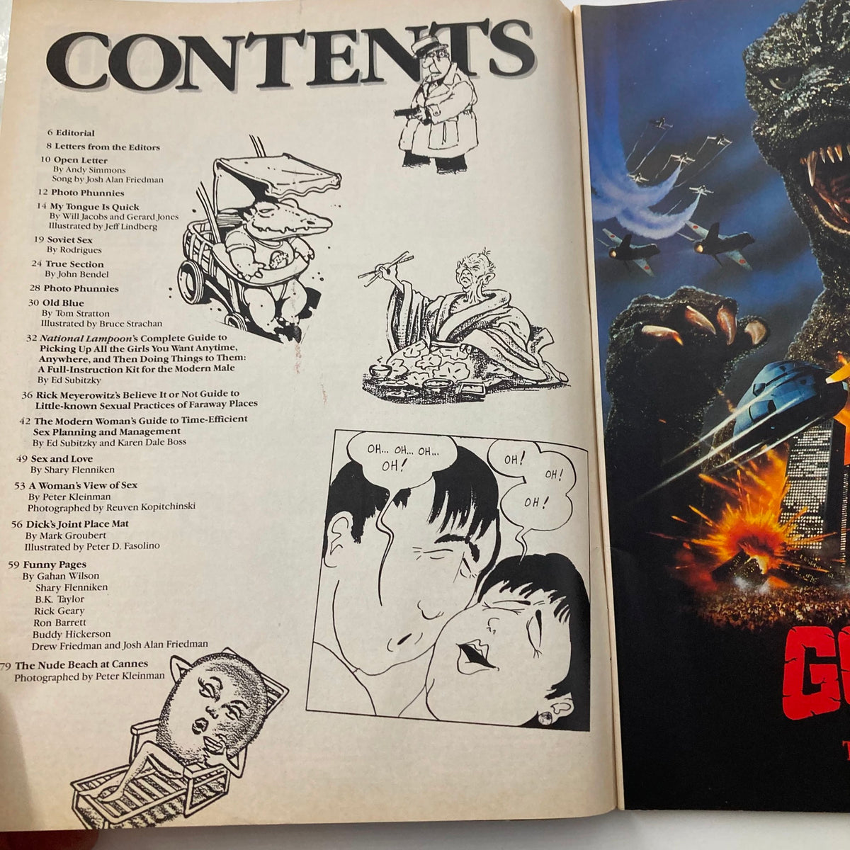 Vintage National Lampoon Magazine January 1986 - Contents page showcasing the articles and illustrations, highlighting the magazine's comedic style and pop culture references.
