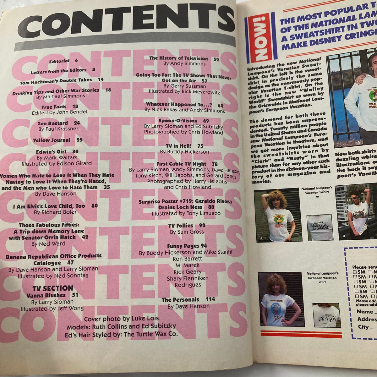 Contents page of Vtg National Lampoon Magazine April 1988 showcasing various articles and humor from the magazine.