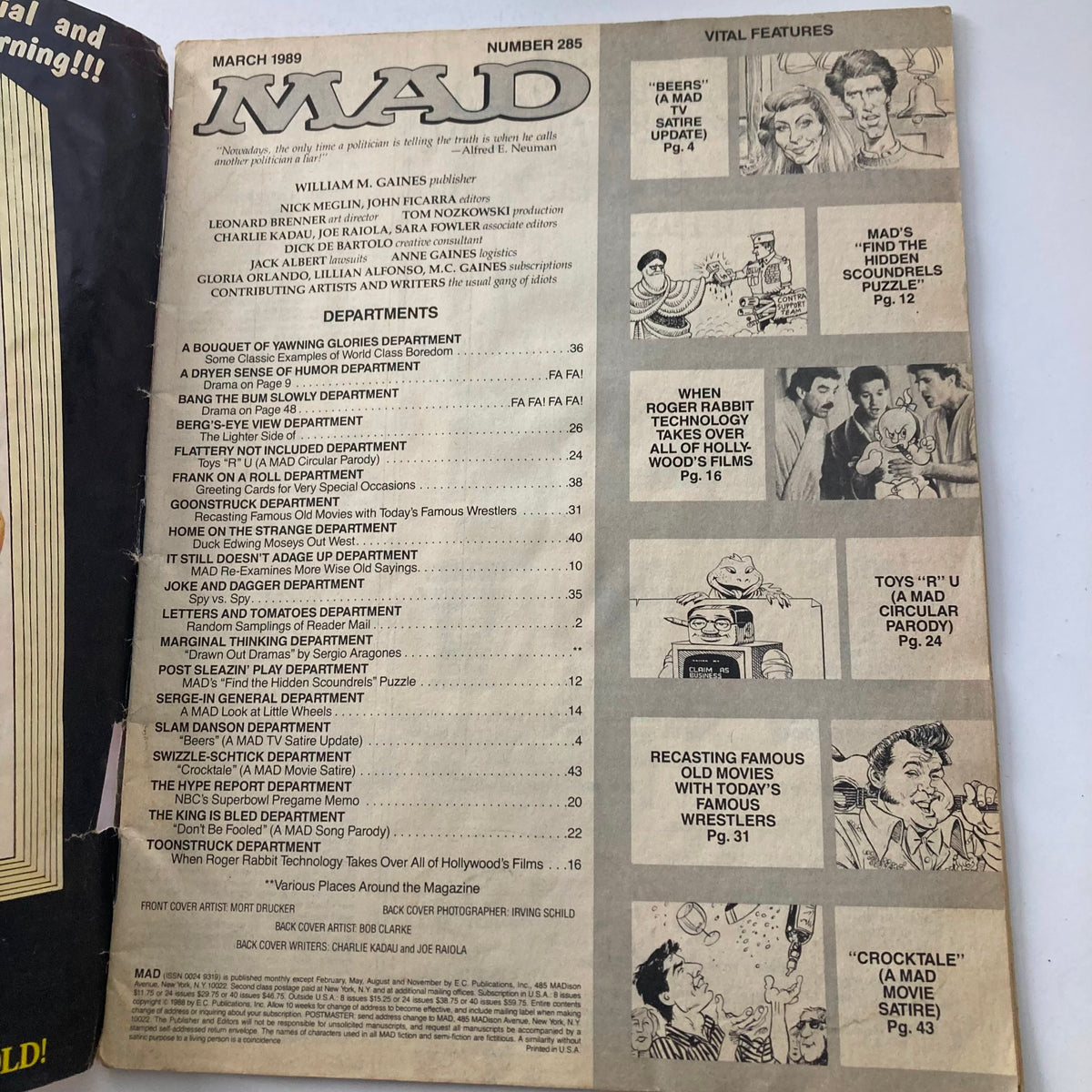 Inside page of Mad Magazine March 1989 No. 285 showing the contents list and various cartoon strips, reflecting the humorous essays and articles included in the magazine.