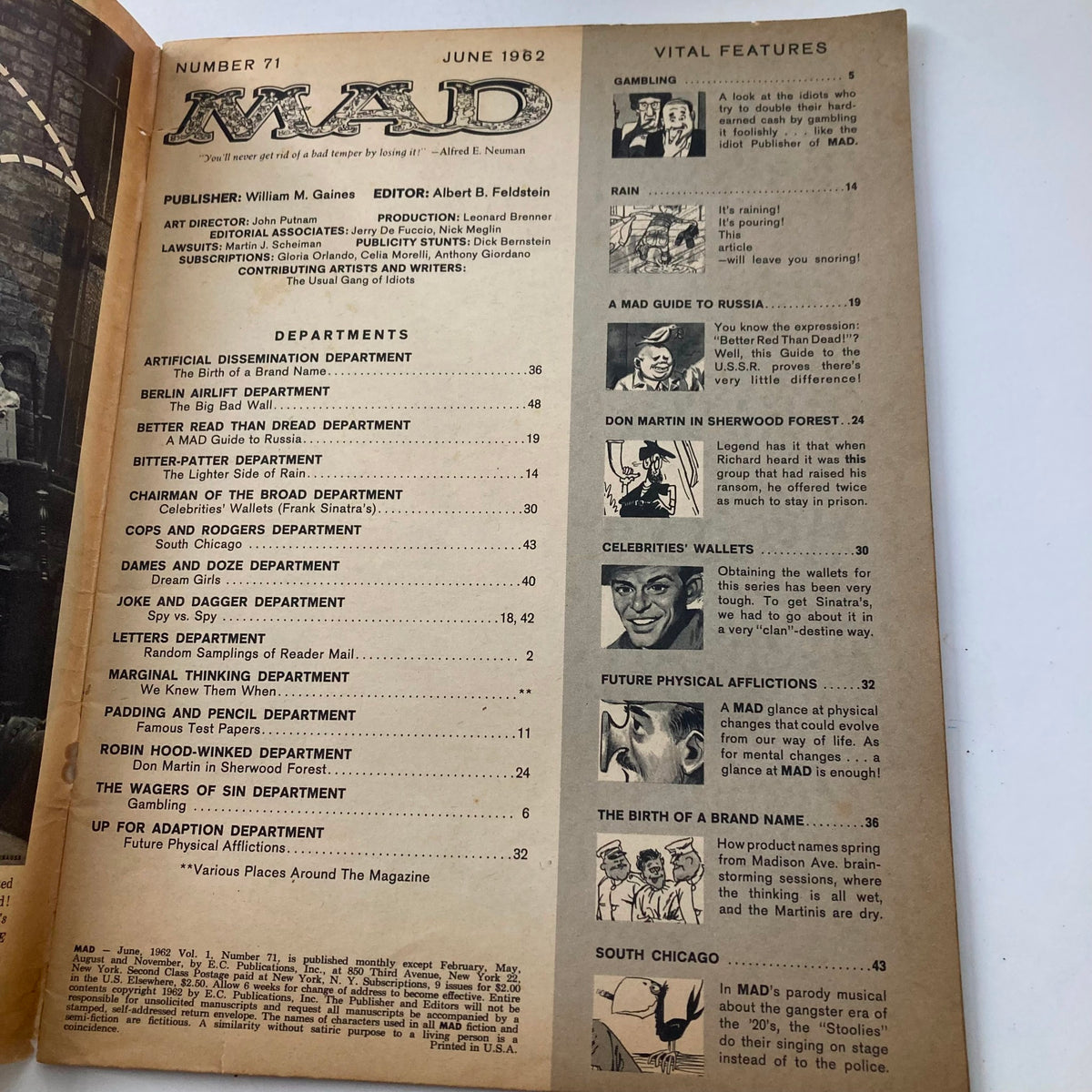 Inside page of Mad Magazine June 1962 No. 71 showcasing the table of contents with various departments and features of the magazine, including 'Don Martin in Sherwood Forest'.