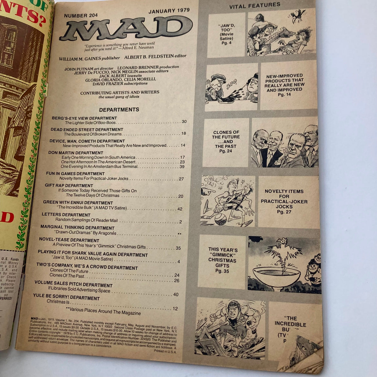 Mad Magazine January 1979 No. 204 table of contents featuring movie satire 'JAWS D. TOO' and other hilarious departments, highlighting the vintage humor and iconic parodies of the issue.