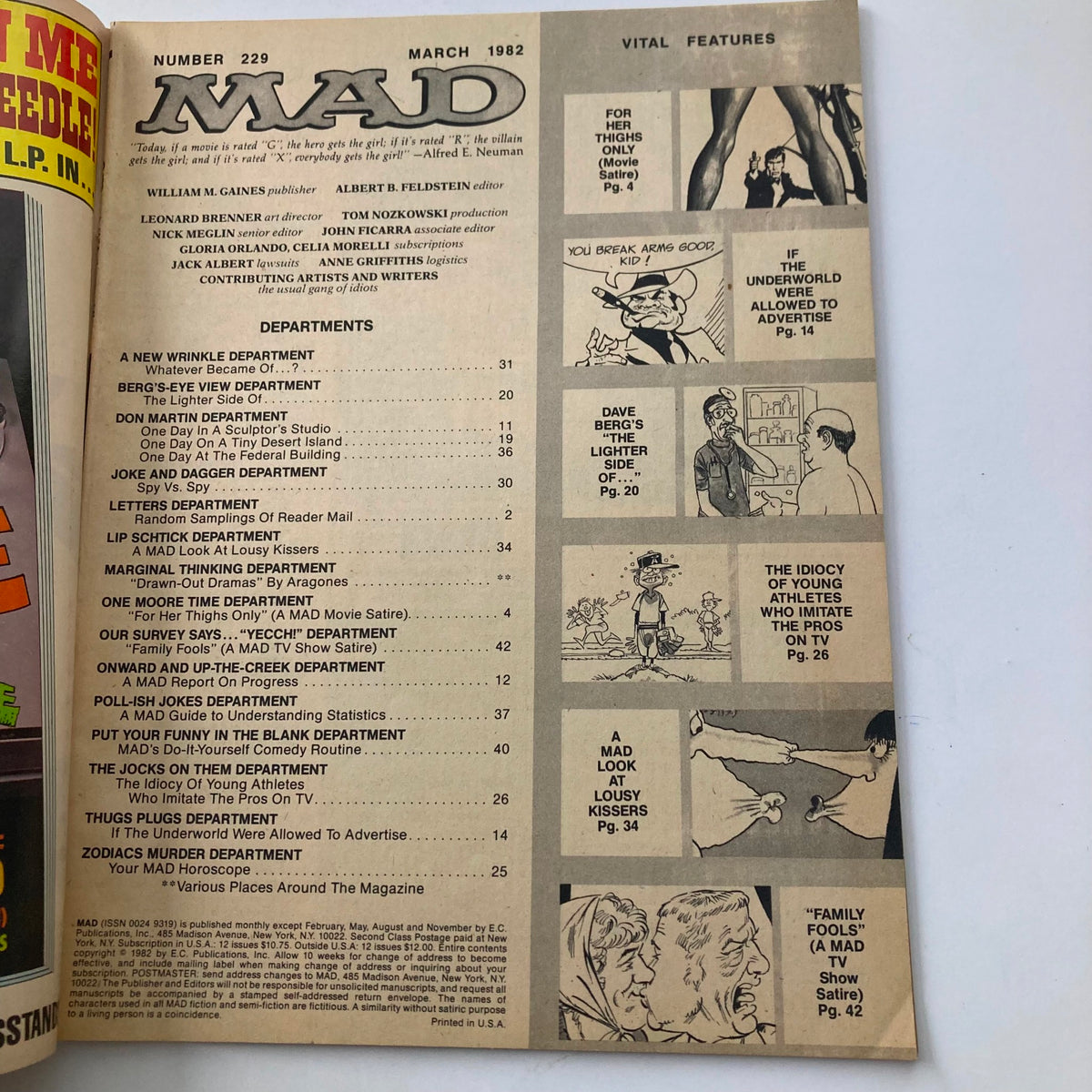 Interior page from Mad Magazine March 1982 No. 229 featuring the table of contents and illustrations, showcasing vintage humor and satire.