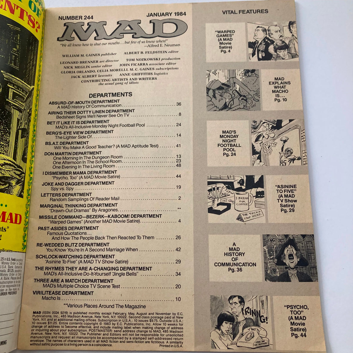 Table of contents for Mad Magazine January 1984 No. 244, listing various departments and features including 'Warped Games' and 'Psycho II'.