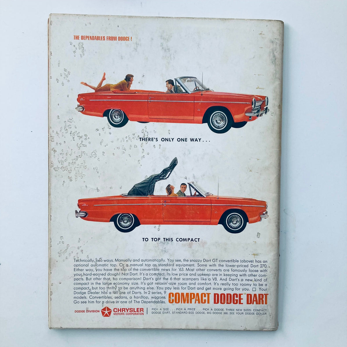 VTG Playboy Magazine March 1963 back cover showcasing a vintage ad for Compact Dodge Dart, illustrating the car's features and nostalgic appeal.