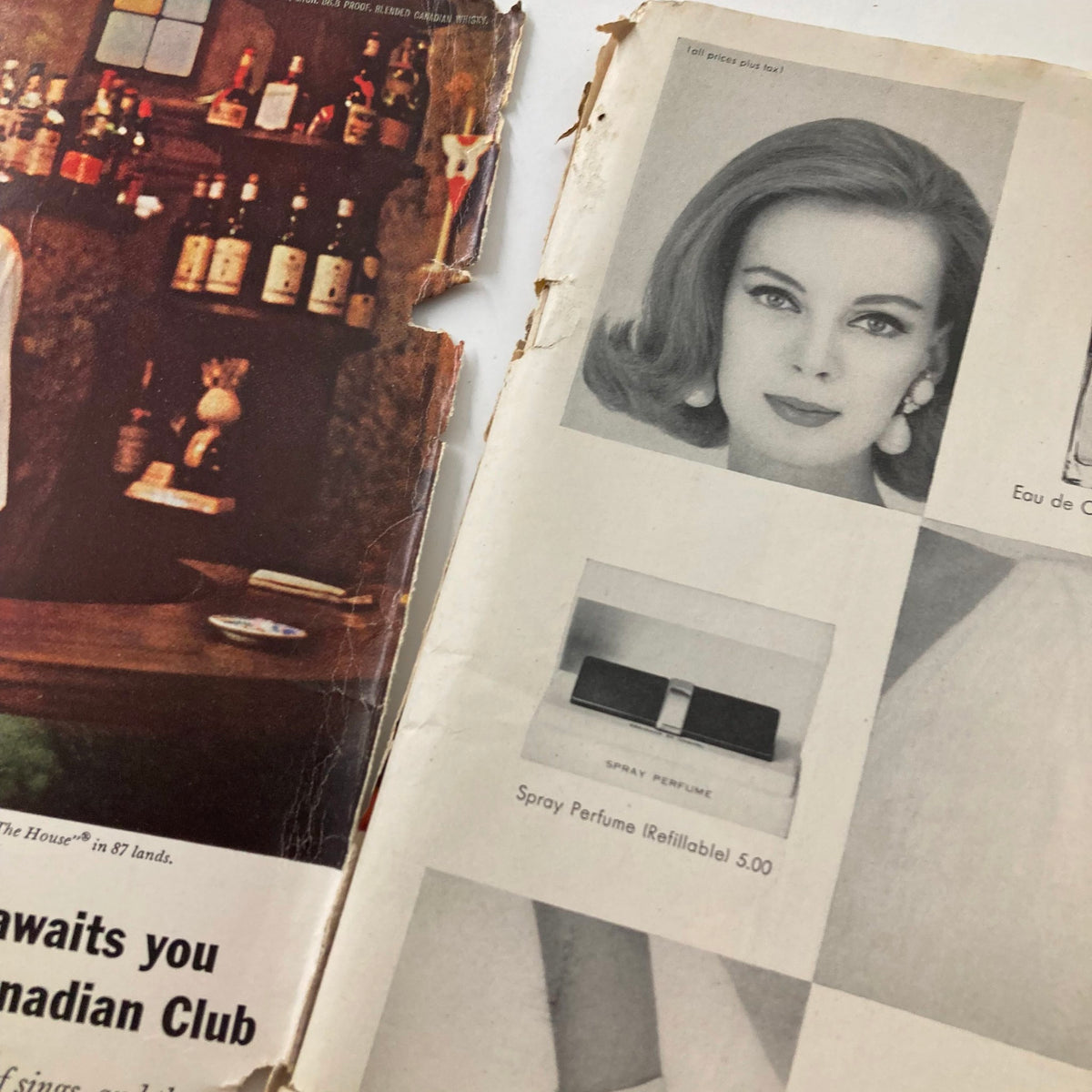 Inside page of VTG Playboy Magazine November 1963 featuring an advertisement with a woman and vintage perfume advertisement alongside a bar scene.