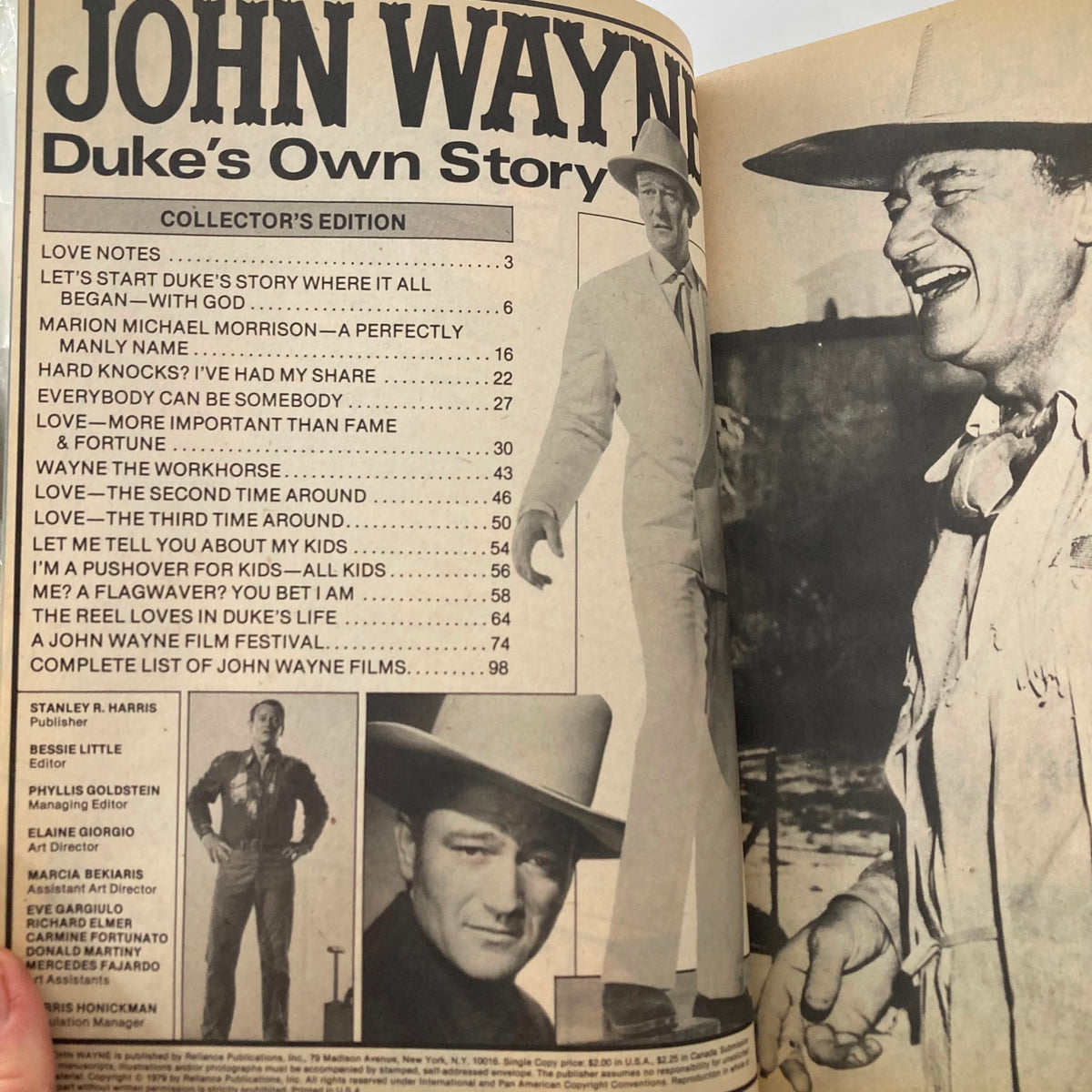 Inside page of VTG 1979 John Wayne Duke's Own Story Collector's Edition, showcasing content sections like Wayne's life story, films, and personal anecdotes with photographs.