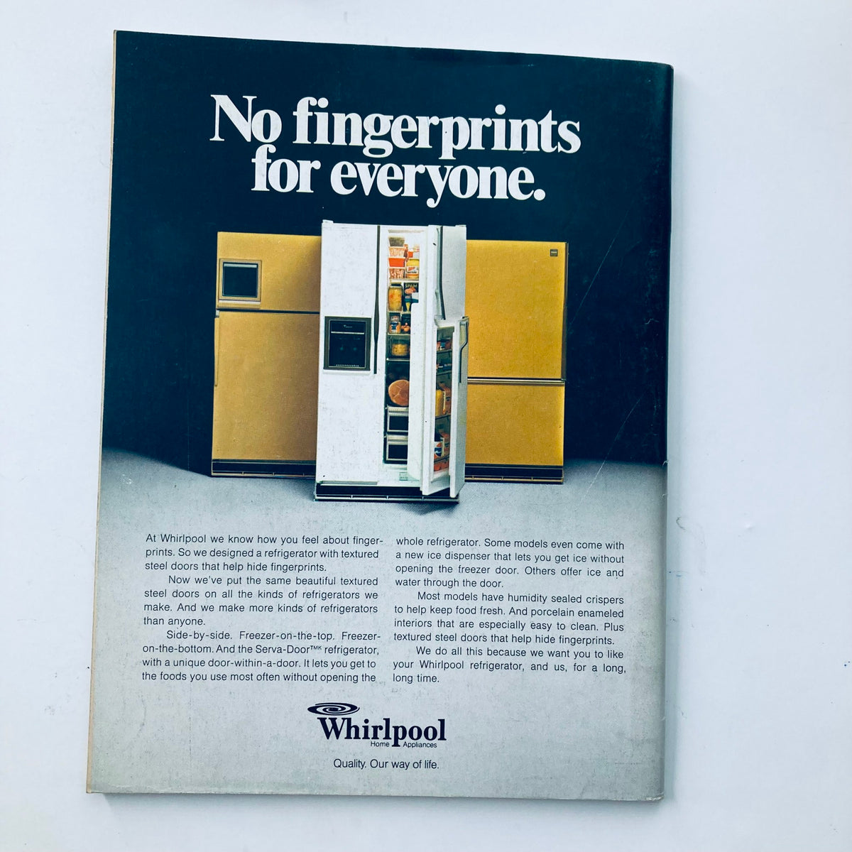Back cover of the Saturday Evening Post July 1979 John Wayne Memorial Issue showcasing a Whirlpool refrigerator advertisement emphasizing 'No fingerprints for everyone.'