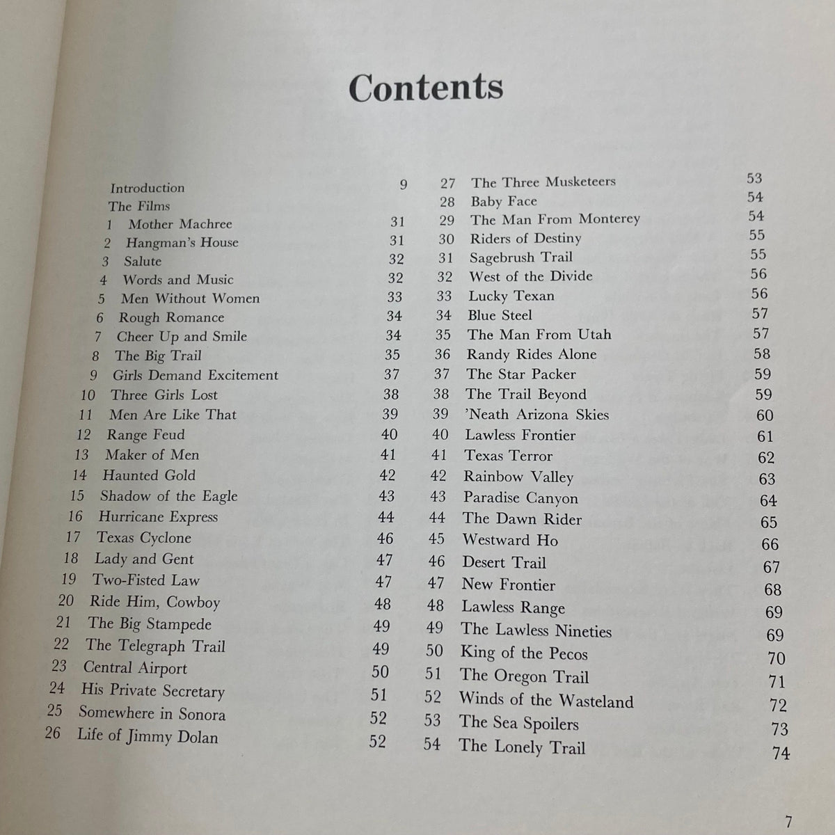 Contents page from VTG 1976 The Films of John Wayne by Mark Ricci, Boris & Steve Zmijewsky, listing chapters and topics covered in the book.