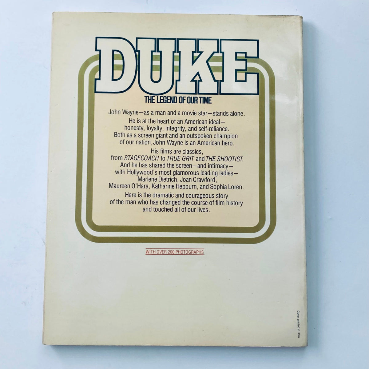 Back cover of the 1979 The John Wayne Album Duke detailing the legendary life of John Wayne with over 200 photographs.