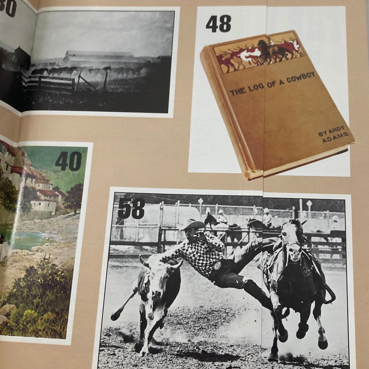 Inside page of VTG Persimmon Hill Magazine 1979 Vol 9 No. 2 featuring a collage of images, including a cowboy, the book 'The Log of a Cowboy' by Andy Adams, and historical photographs related to Western culture.