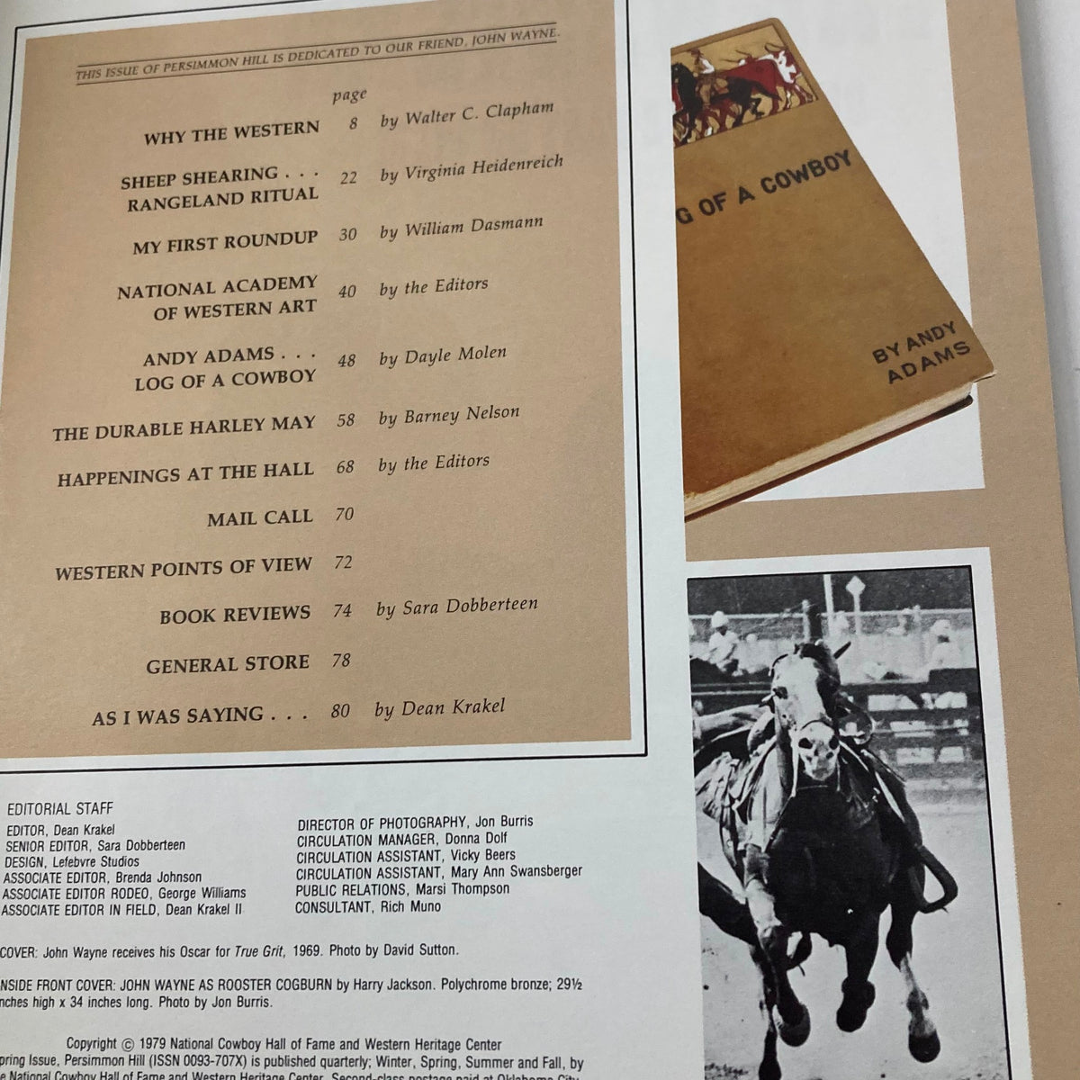 Table of contents from VTG Persimmon Hill Magazine 1979 Vol 9 No. 2 dedicated to John Wayne, listing various articles about Western themes and culture.