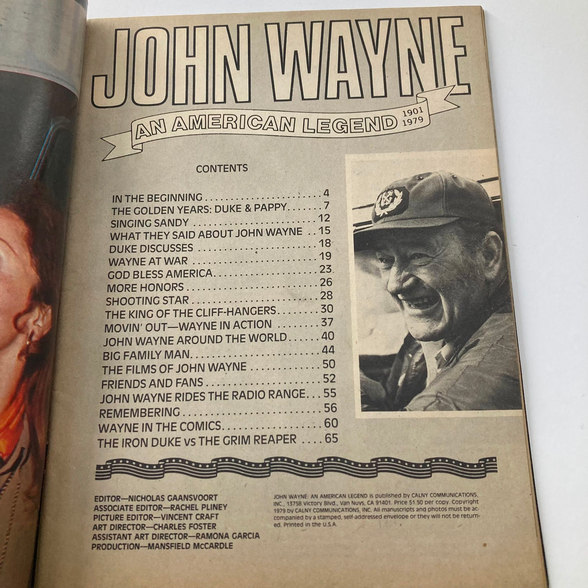 Content page from the vintage 1979 magazine 'John Wayne: An American Legend,' showcasing article titles and a portrait of John Wayne.