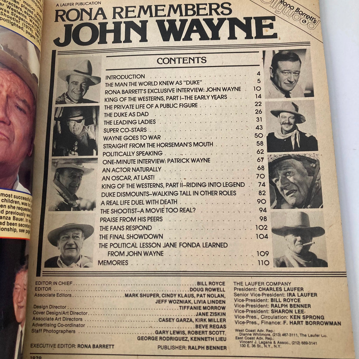 Table of contents from the VTG Rona Barret's Hollywood Magazine 1979 edition, 'Rona Remembers John Wayne', listing features on John Wayne, co-stars, and personal memories.