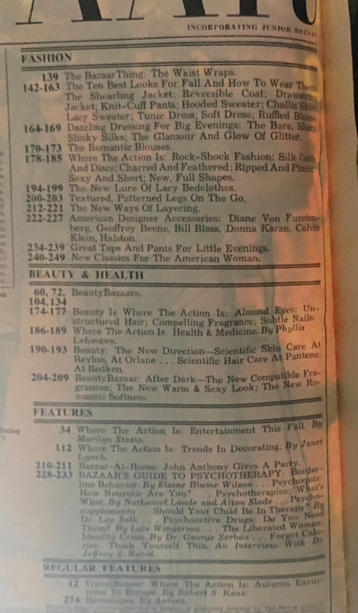 Table of contents from Harper's Bazaar Magazine September 1977, listing features on fashion, beauty, and health topics relevant to the era.
