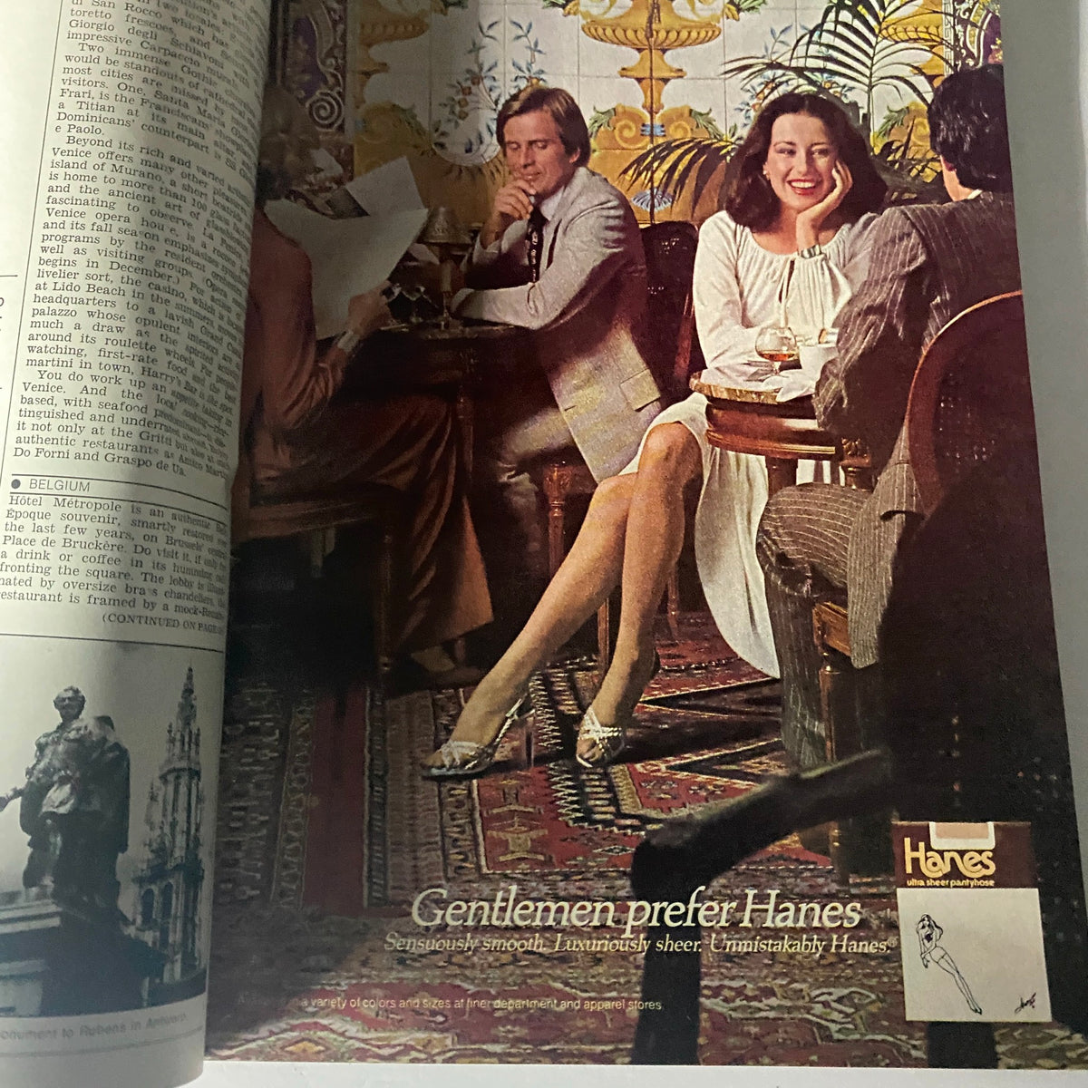 Vintage advertisement from Harper's Bazaar Magazine September 1977 promoting Hanes products, featuring a fashionable woman in a stylish setting.