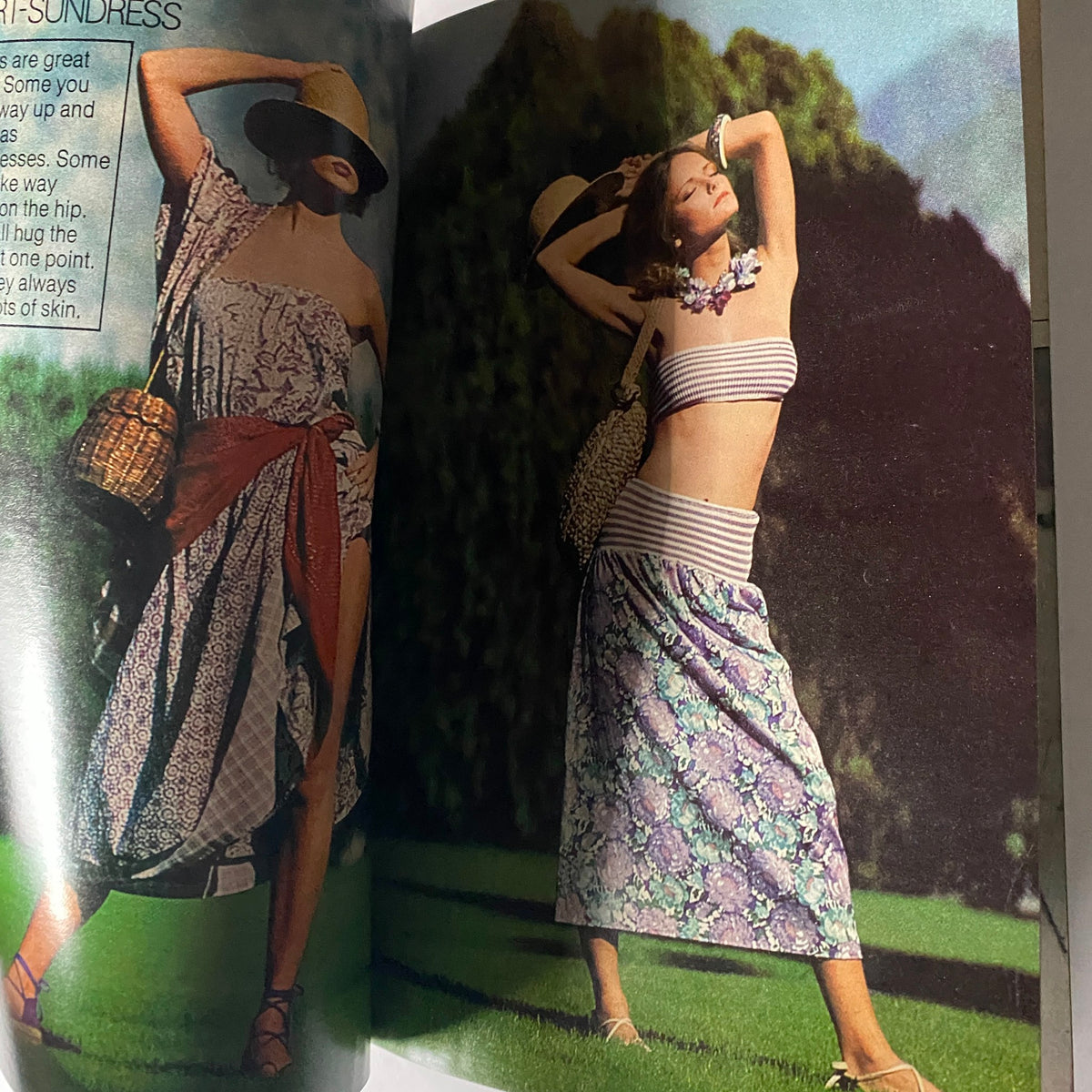Fashion spread from Harper's Bazaar Magazine March 1977 showcasing trendy sundresses, perfect for spring fashion inspiration in the 1970s.
